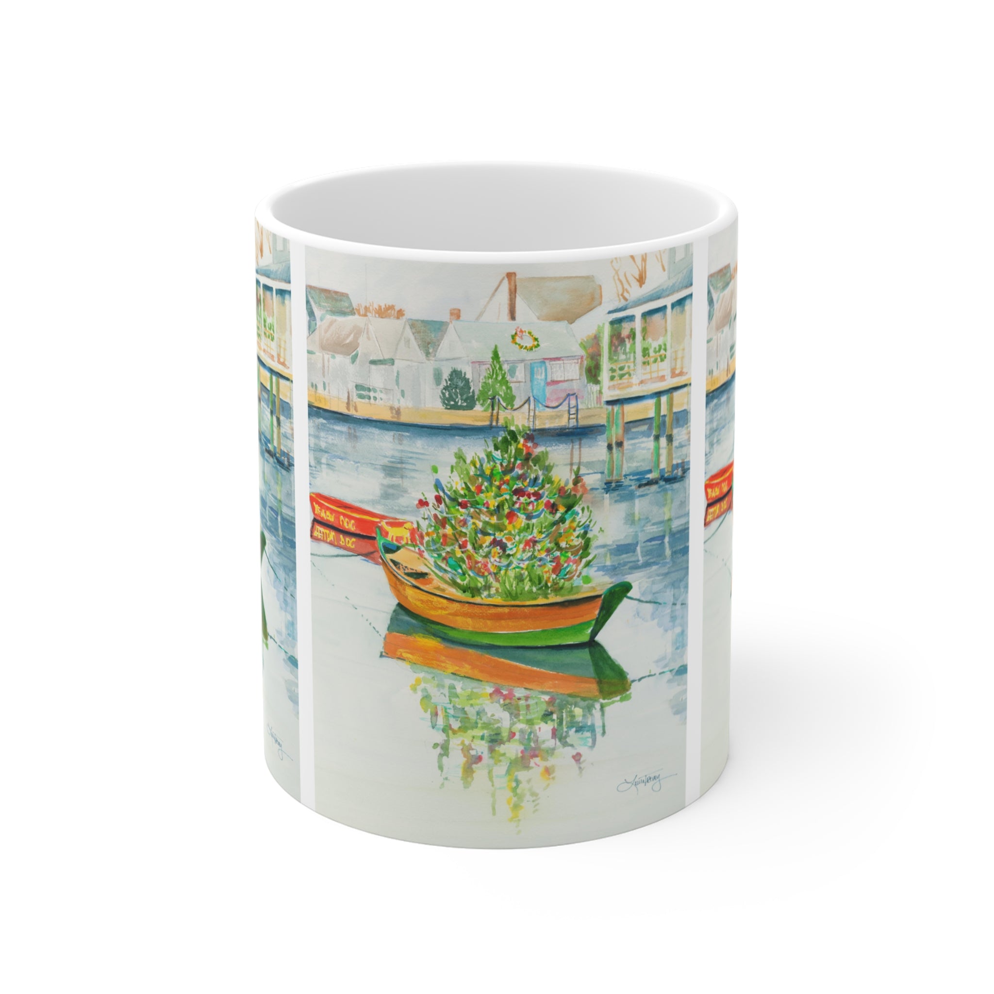 Christmas on Nantucket watercolor ceramic mug by Laura Trevey, part of the holiday gift set