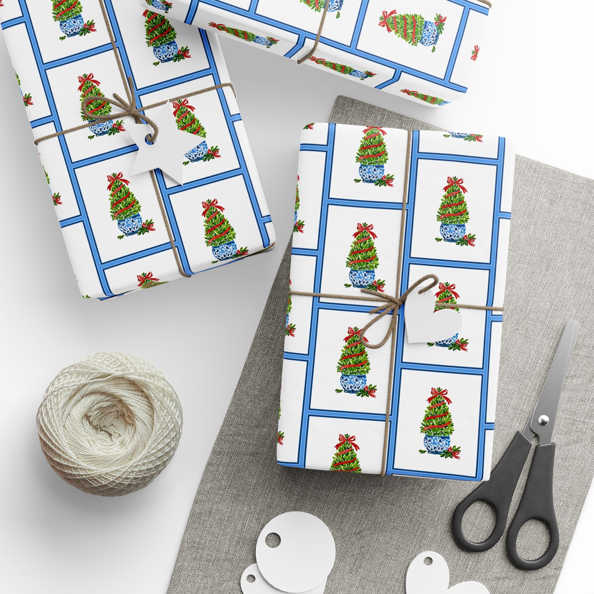 Blue Frame Topiary Wrapping Paper | Watercolor Boxwood Christmas Gift Wrap