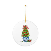 Boxwood Christmas topiary ceramic ornament with gold string by Laura Trevey