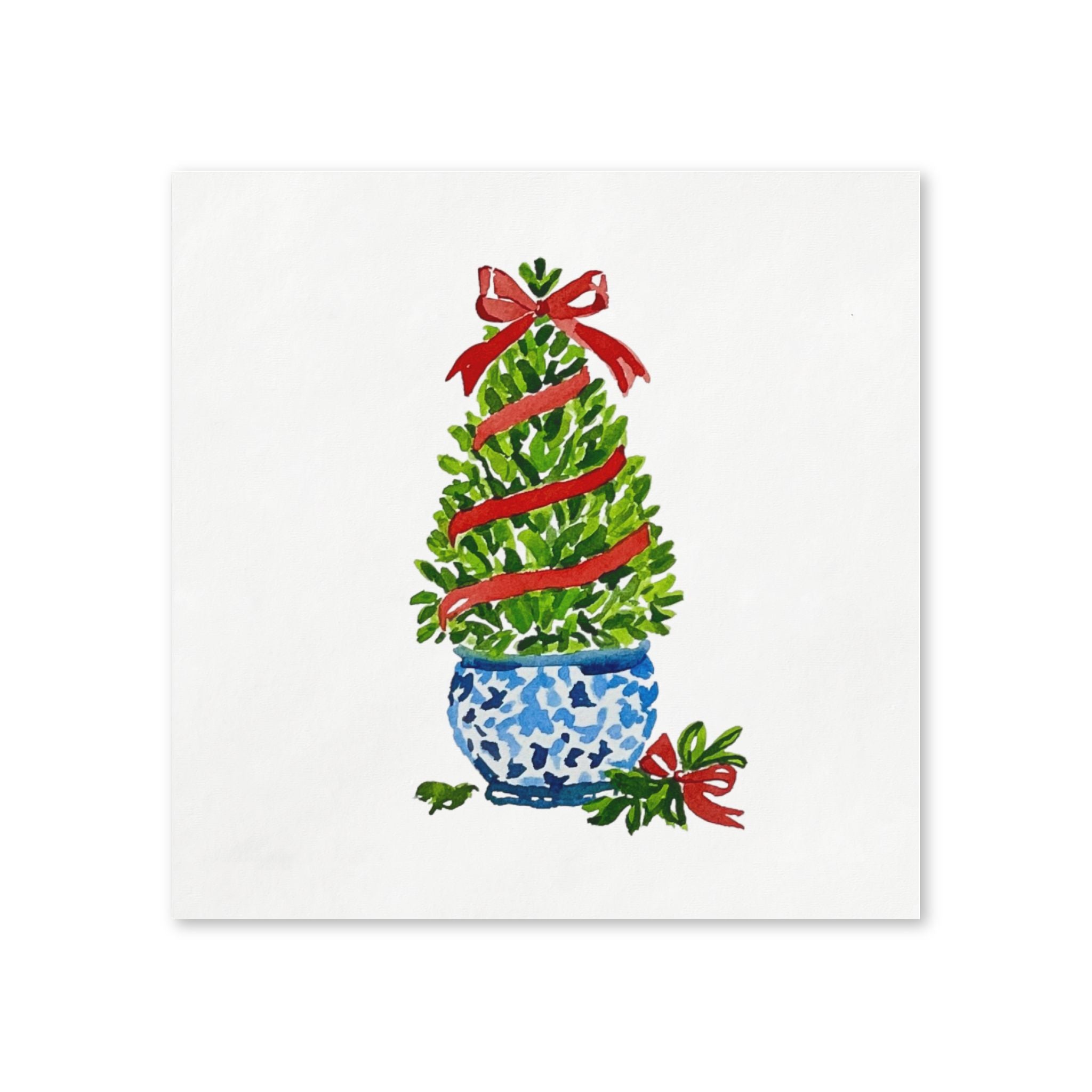 Boxwood Christmas topiary paper napkin flat lay, red ribbon tree in chinoiserie planter by Laura Trevey