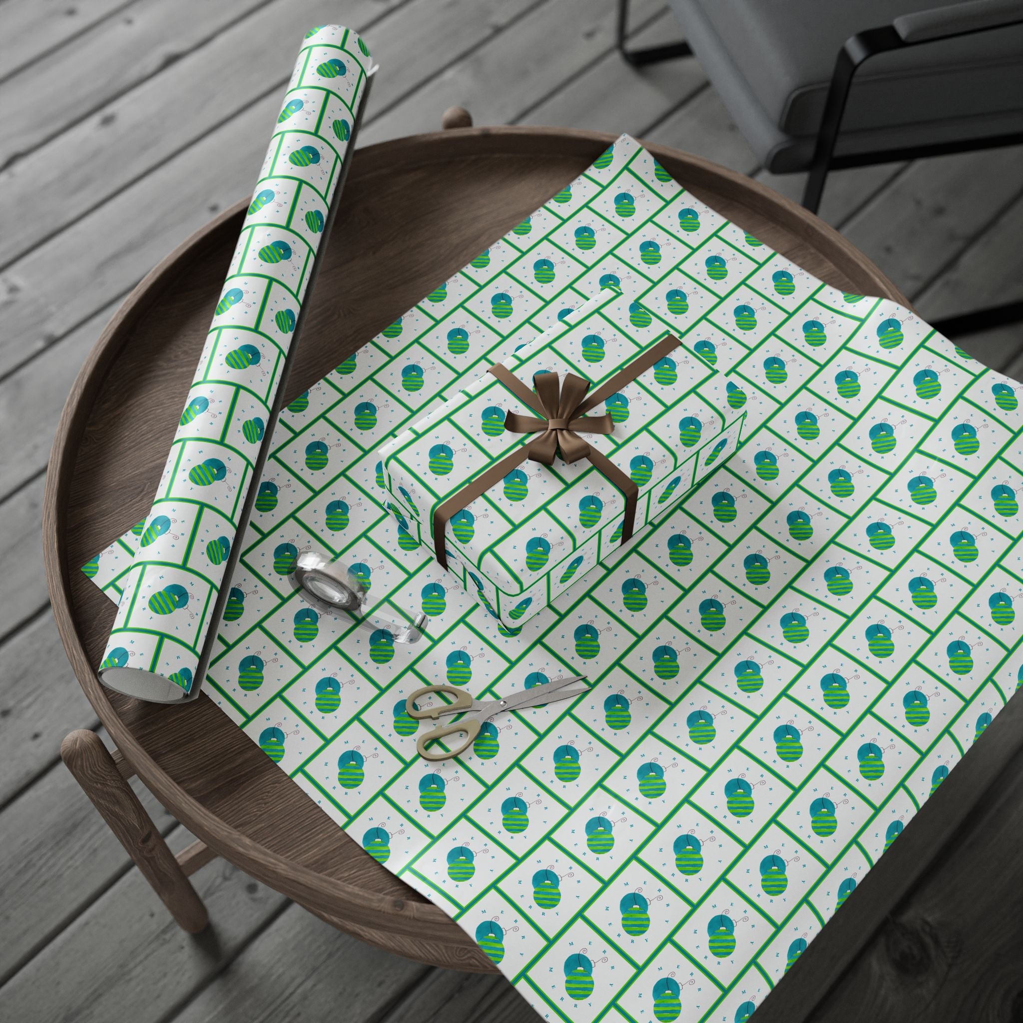 Merry Merry Lime and Teal Ornament Wrapping Paper | Watercolor Christmas Gift Wrap – teal and lime Merry Merry ornament wrapping paper by Laura Trevey
