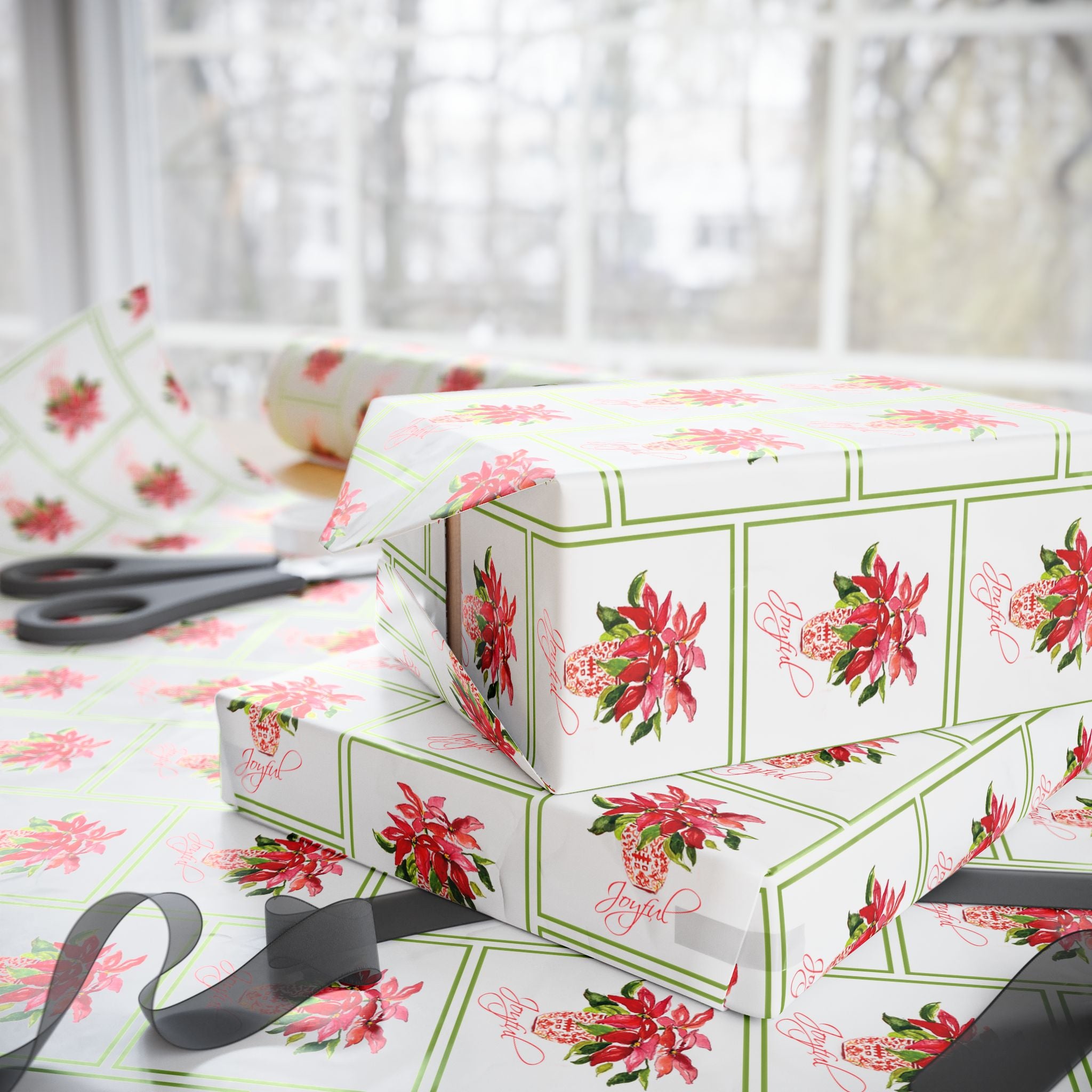 Joyful Red Poinsettia Wrapping Paper | Watercolor Christmas Gift Wrap – red poinsettia wrapping paper by Laura Trevey