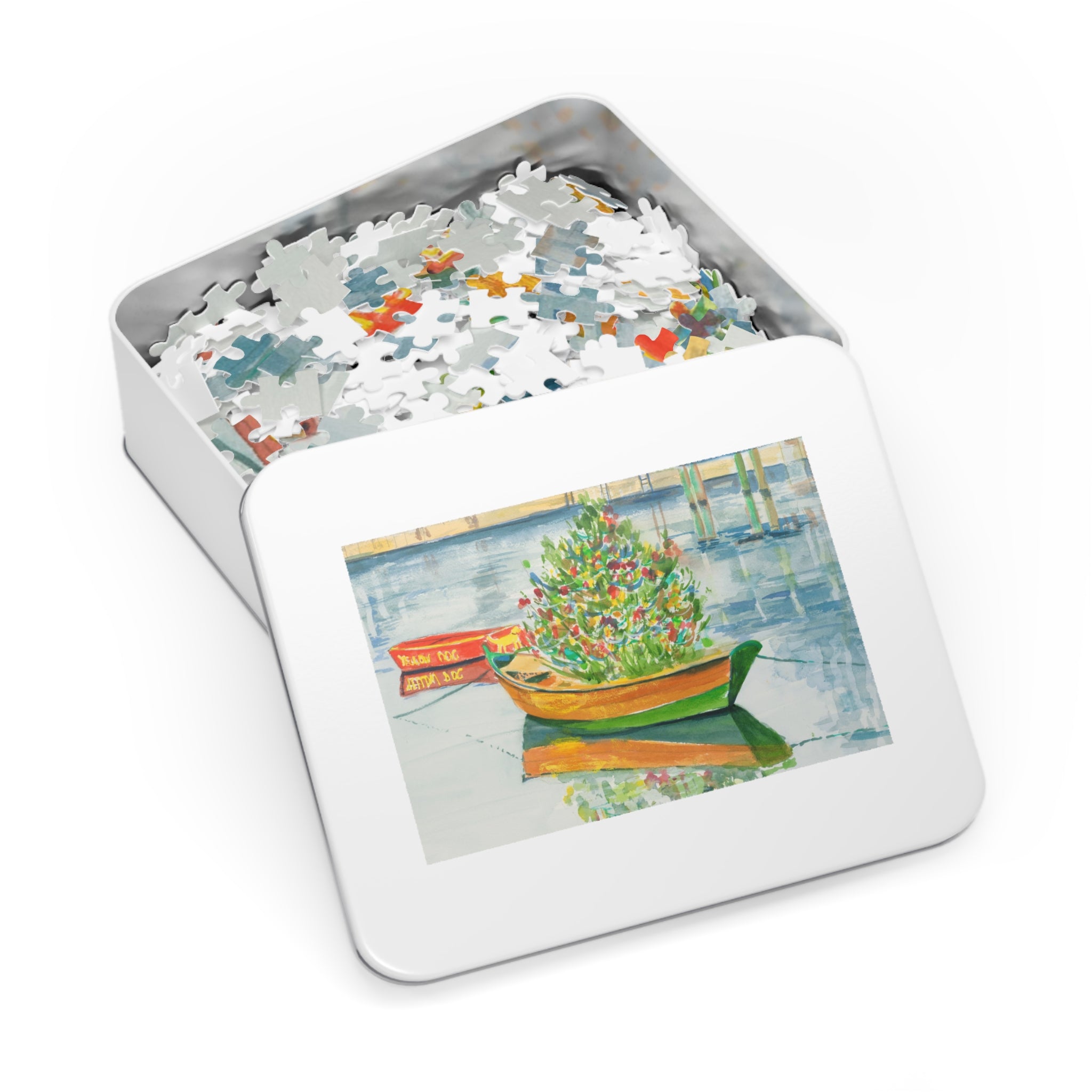 Christmas on Nantucket Jigsaw Puzzle by Laura Trevey, watercolor jigsaw puzzle in white metal gift tin with painting on the lid