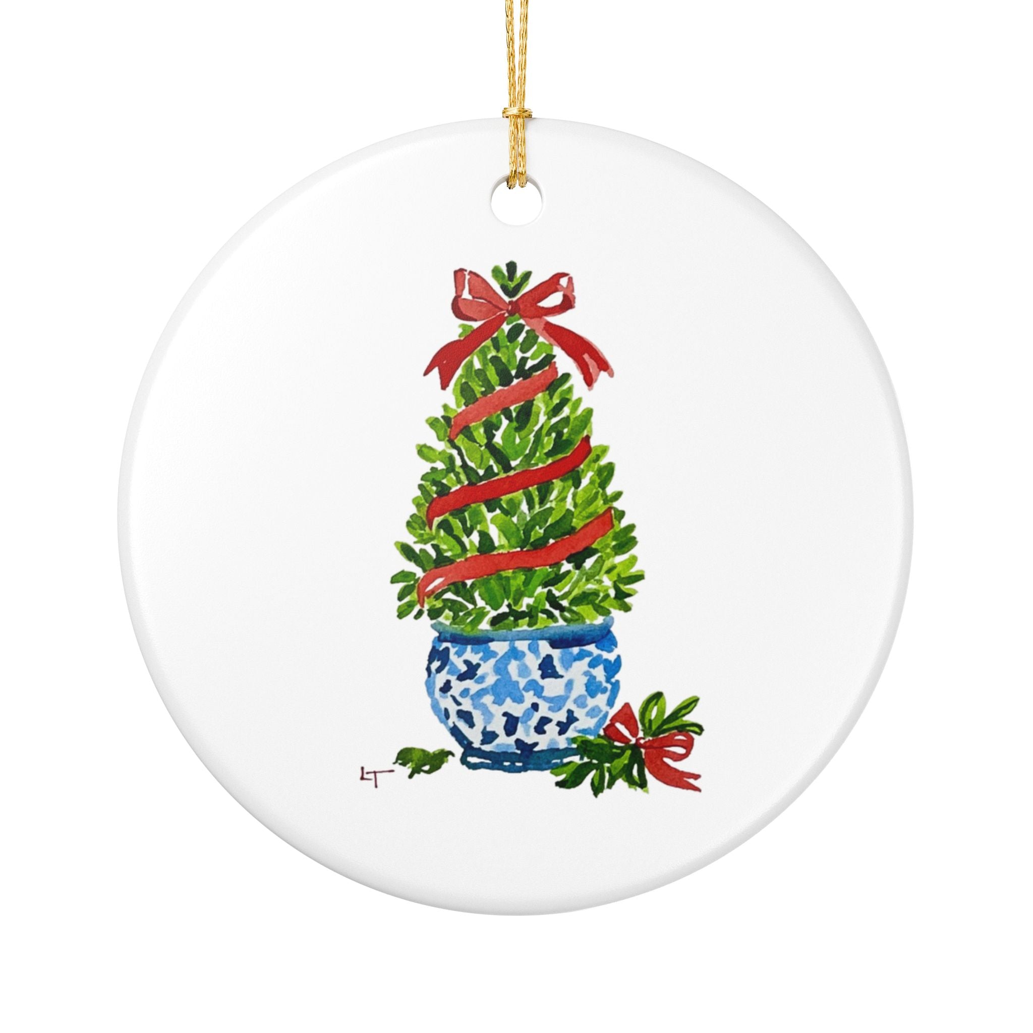 Boxwood Christmas topiary watercolor ornament by Laura Trevey, red ribbon and blue-and-white chinoiserie pot