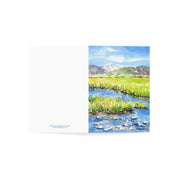 Grand Teton watercolor greeting card, opened flat showing front and back cover