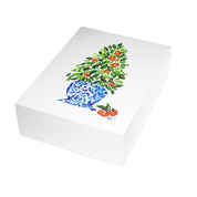 Orange tree Christmas topiary in blue and white chinoiserie pot holiday card bulk pack, 30 or 50 folded cards