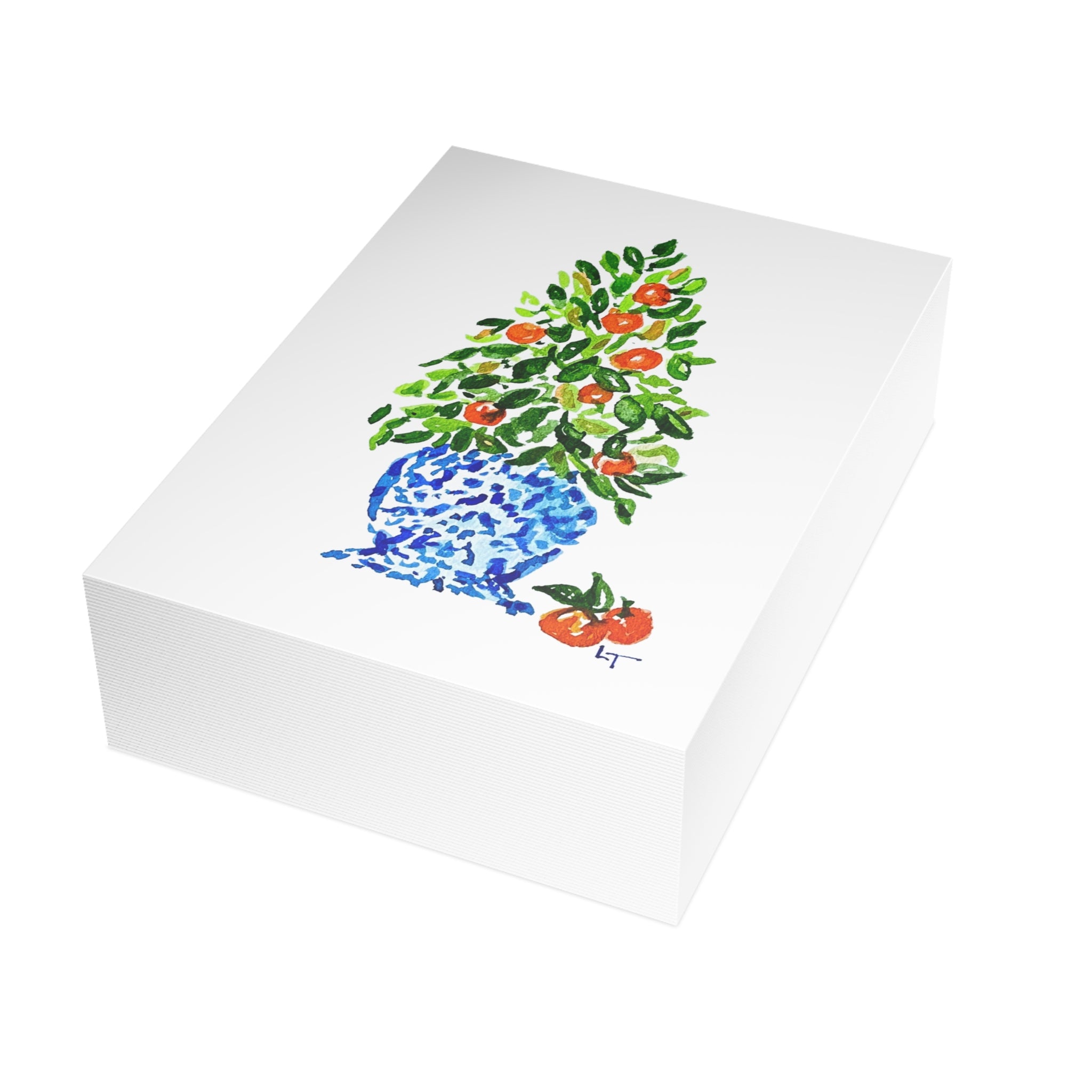 Orange tree Christmas topiary in blue and white chinoiserie pot holiday card bulk pack, 30 or 50 folded cards