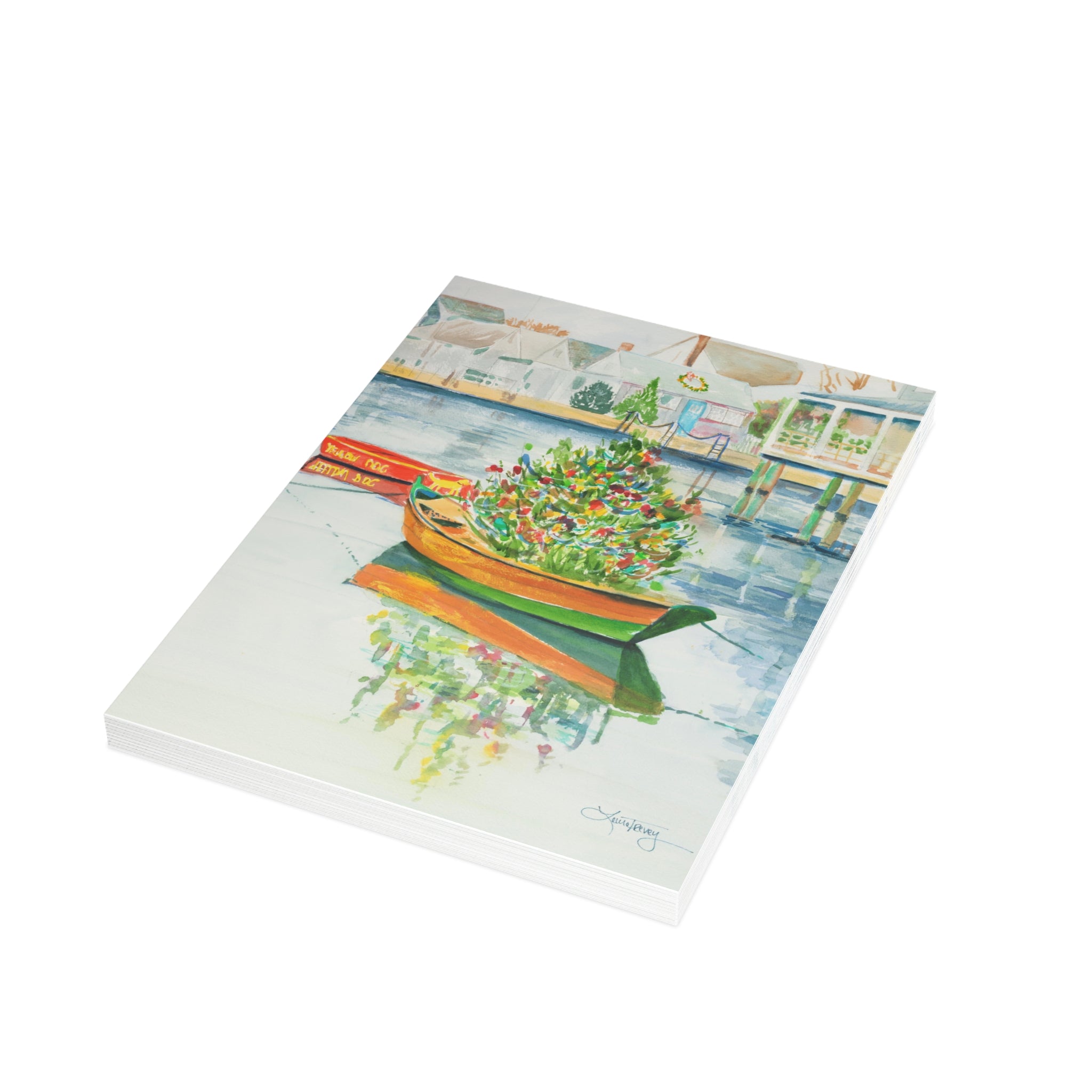 Christmas on Nantucket watercolor greeting card, stack of folded cards, view 1