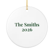 Back of the personalized boxwood topiary ornament with sample text The Smiths 2026