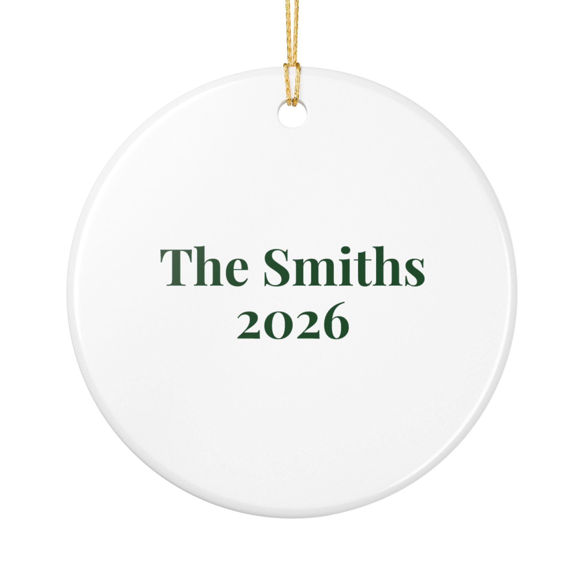 Back of the personalized boxwood topiary ornament with sample text The Smiths 2026