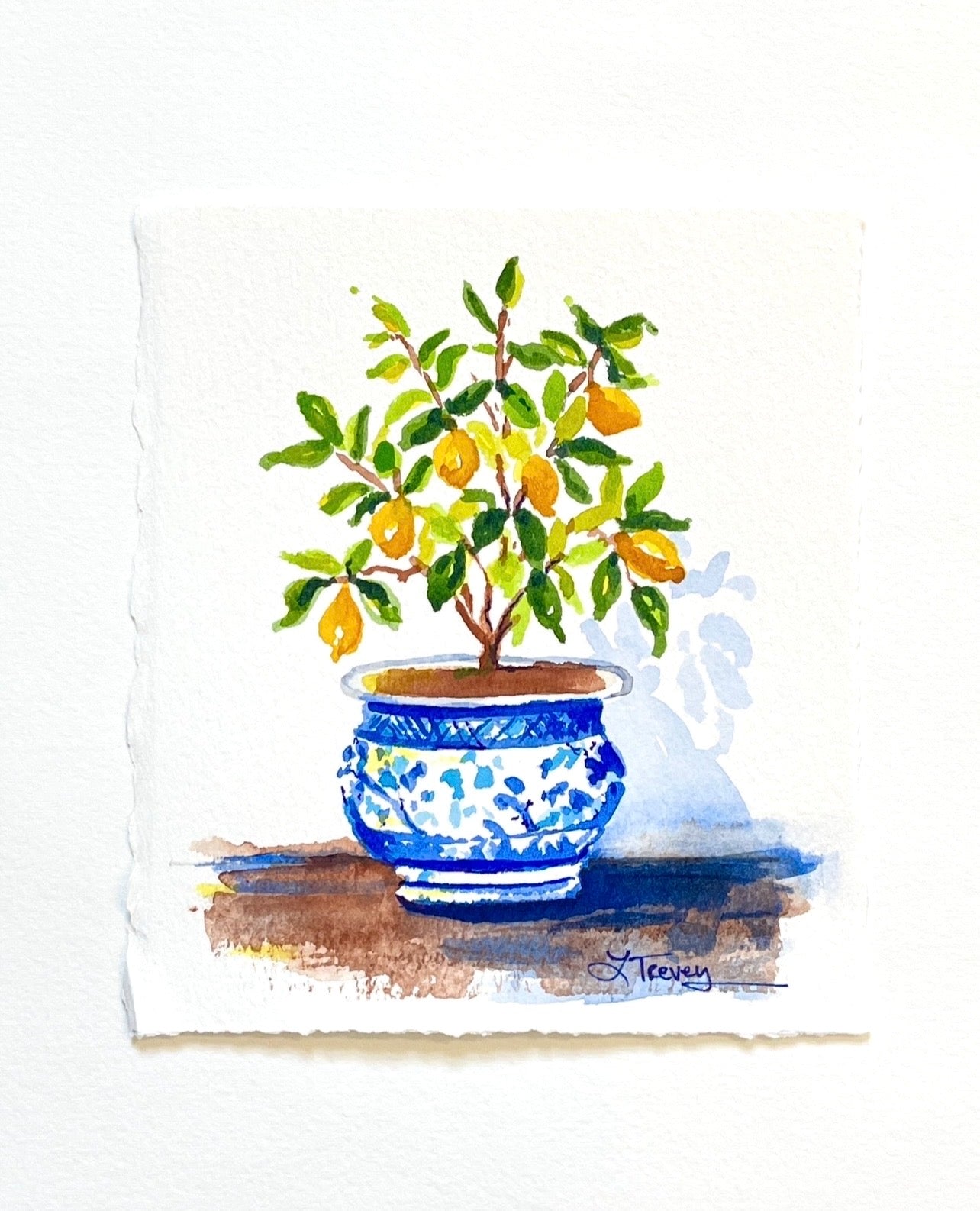5x6 Sunny Lemon Tree in Chinoiserie Planter - Original Watercolor Painting by Laura Trevey