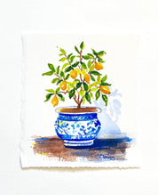 5x6 Sunny Lemon Tree in Chinoiserie Planter - Original Watercolor Painting by Laura Trevey