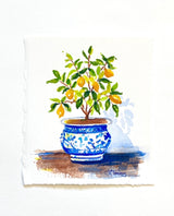 5x6 Sunny Lemon Tree in Chinoiserie Planter - Original Watercolor Painting