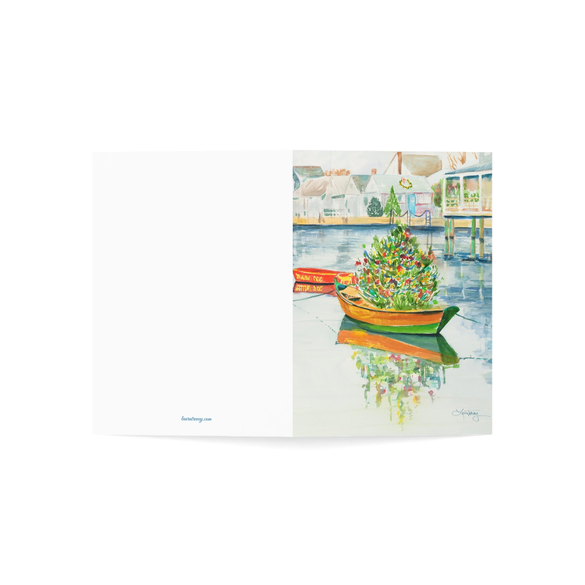 Christmas on Nantucket watercolor greeting card, opened flat showing front and back cover