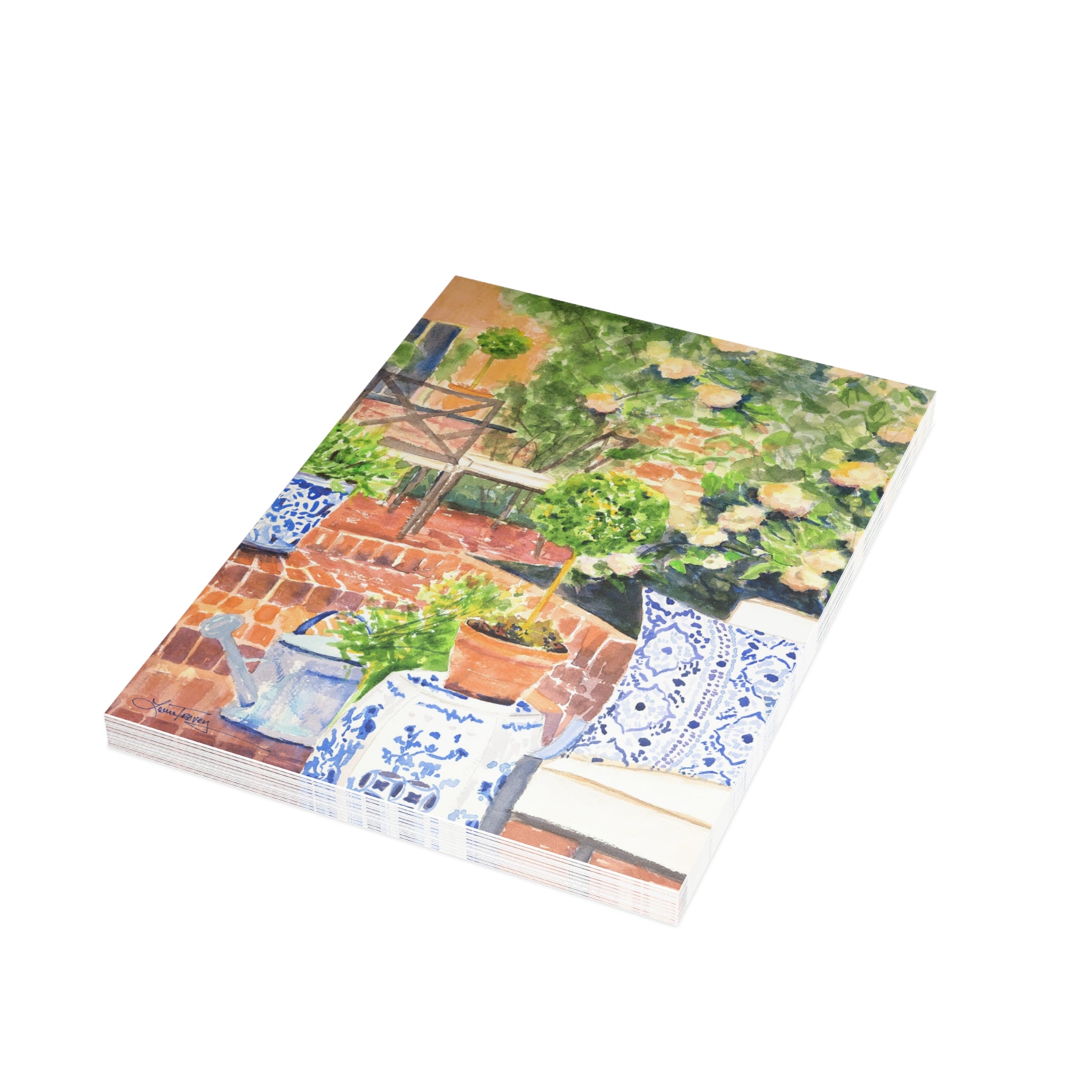 Backyard Oasis watercolor greeting card, stack of folded cards, view 3