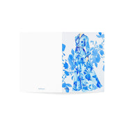 Elegant Lady in Blue watercolor birthday card, opened flat showing front and back cover