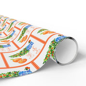 Citrus orange tree wrapping paper with watercolor orange trees in blue and white chinoiserie pots and Coastal Christmas script by Laura Trevey, roll unrolled to show the design up close