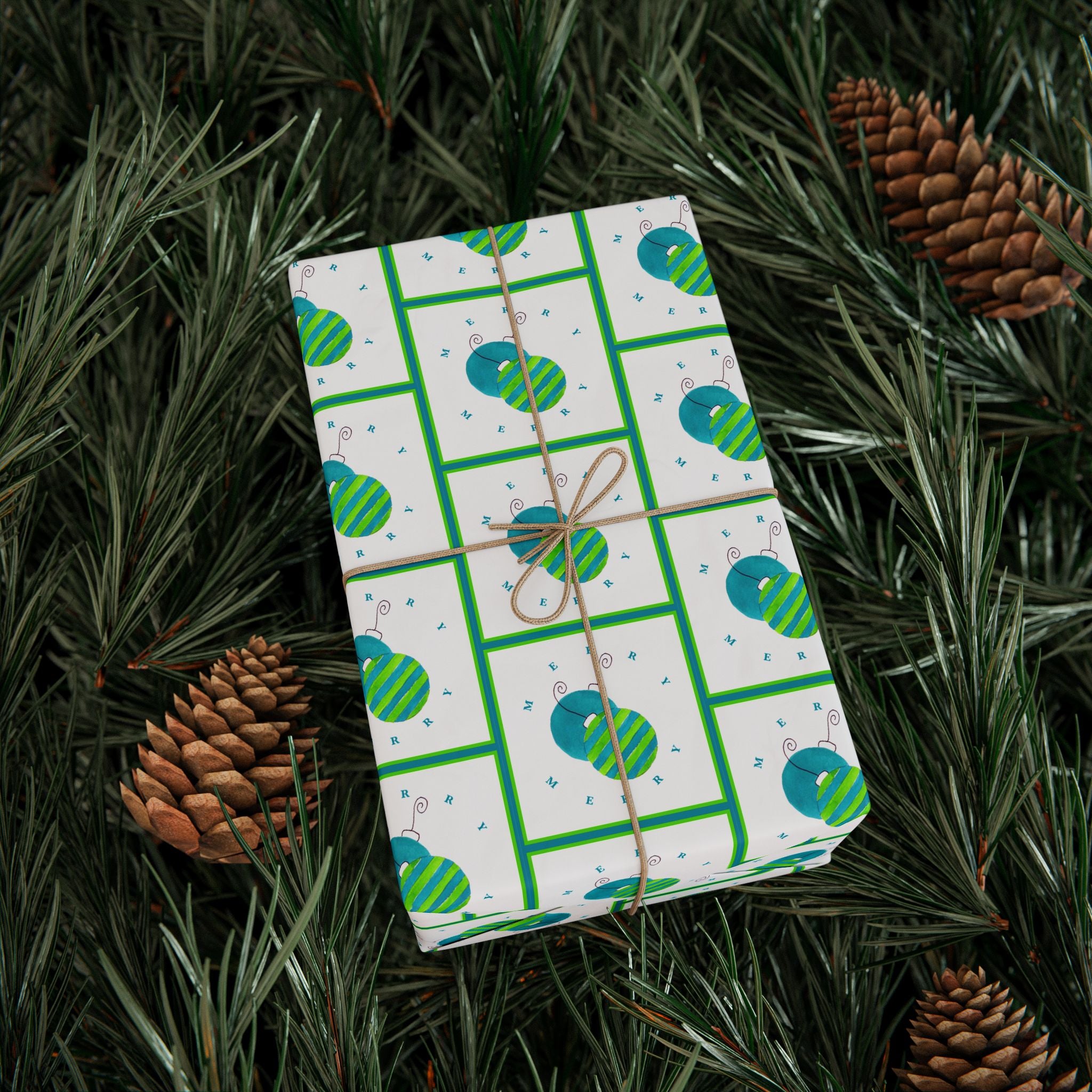 Merry Merry Lime and Teal Ornament Wrapping Paper | Watercolor Christmas Gift Wrap – teal and lime Merry Merry ornament wrapping paper by Laura Trevey