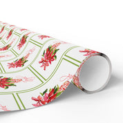 Joyful Red Poinsettia Wrapping Paper | Watercolor Christmas Gift Wrap – wrapped gifts with Joyful poinsettia paper in a holiday scene