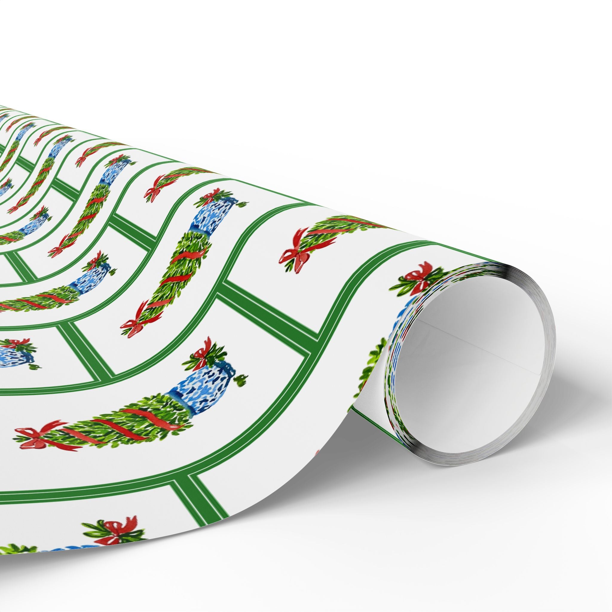 Green Frame Topiary Wrapping Paper | Watercolor Boxwood Christmas Gift Wrap