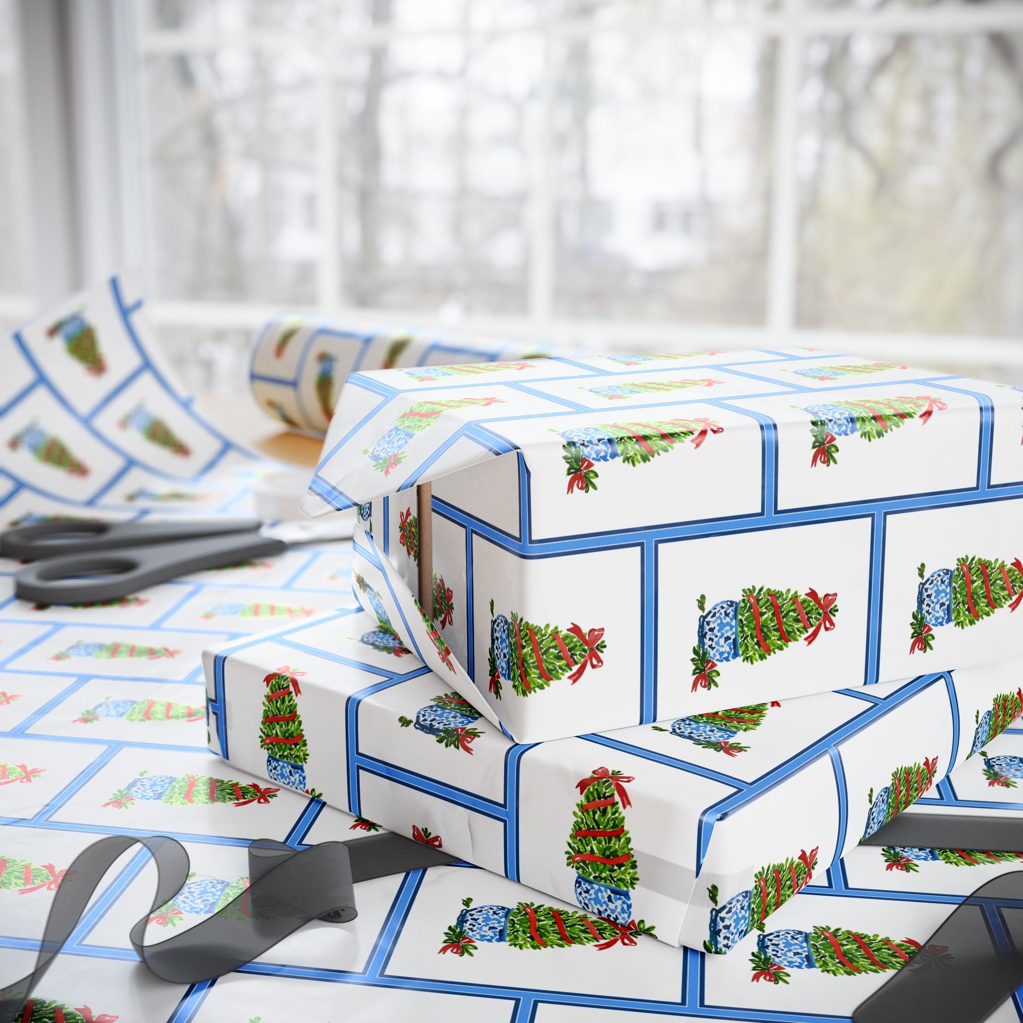 Blue Frame Topiary Wrapping Paper | Watercolor Boxwood Christmas Gift Wrap