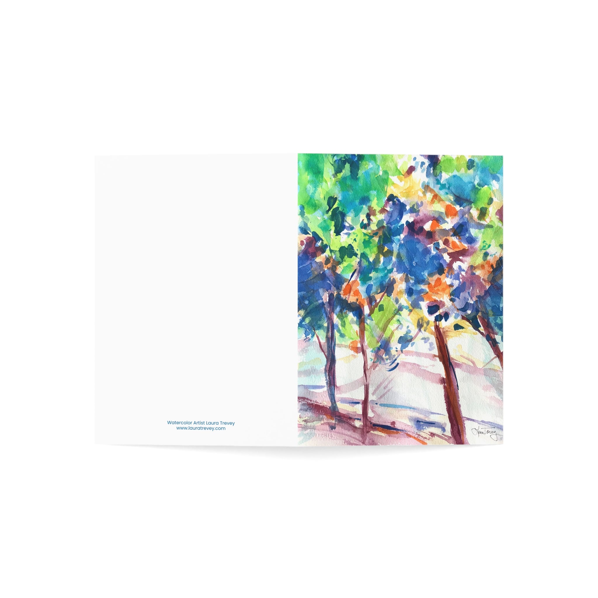 Fall Colorful Leaves watercolor greeting card, opened flat showing front and back cover
