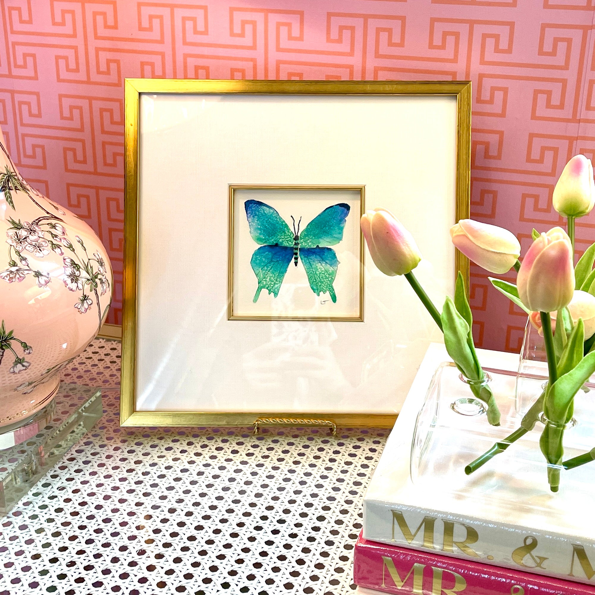 Framed Blue Green Butterfly V Watercolor