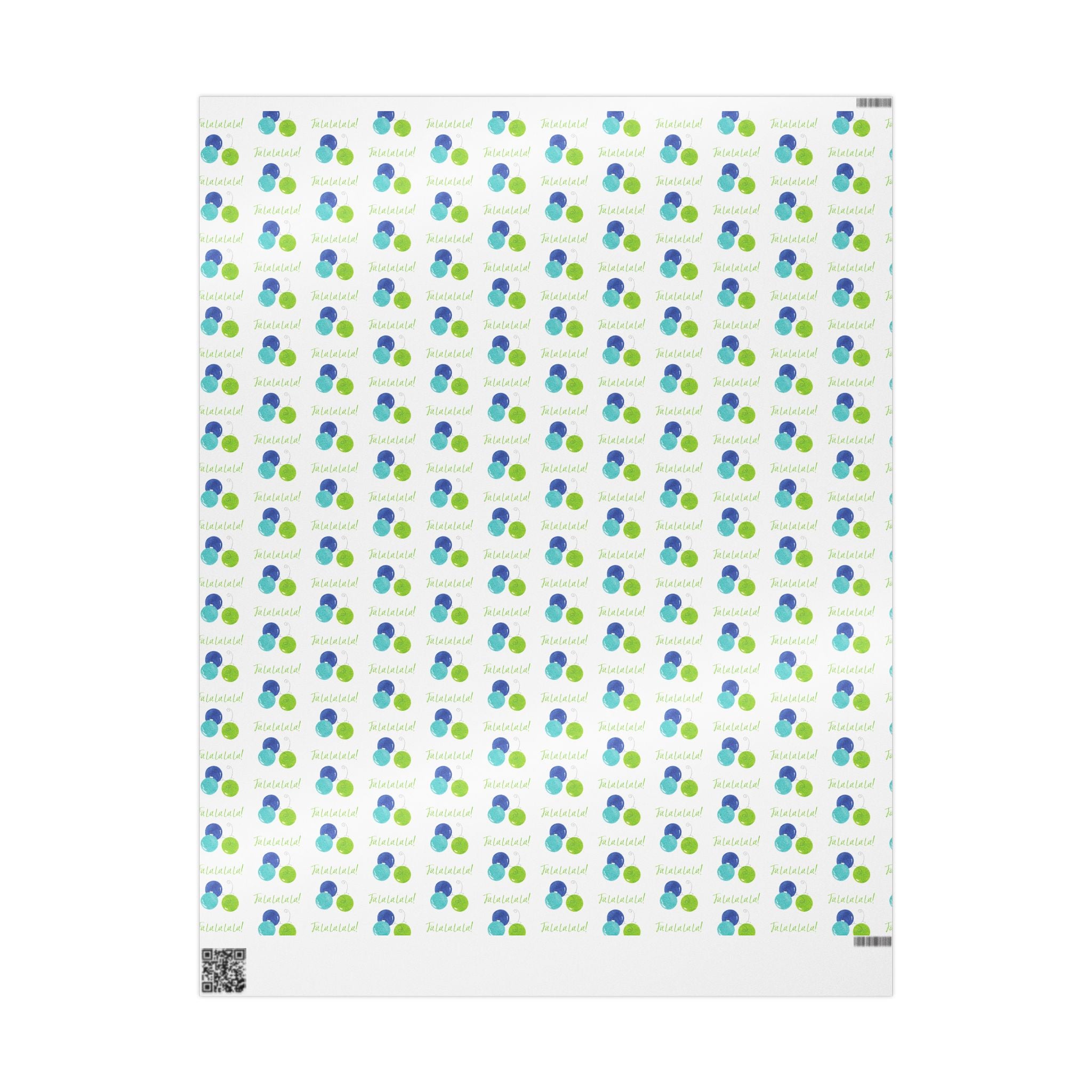 Fa La La La La! Wrapping Paper | Blue & Lime Watercolor Christmas Gift Wrap – 30x36 sheet showing the full blue and lime ornament pattern with Fa la la la la lettering