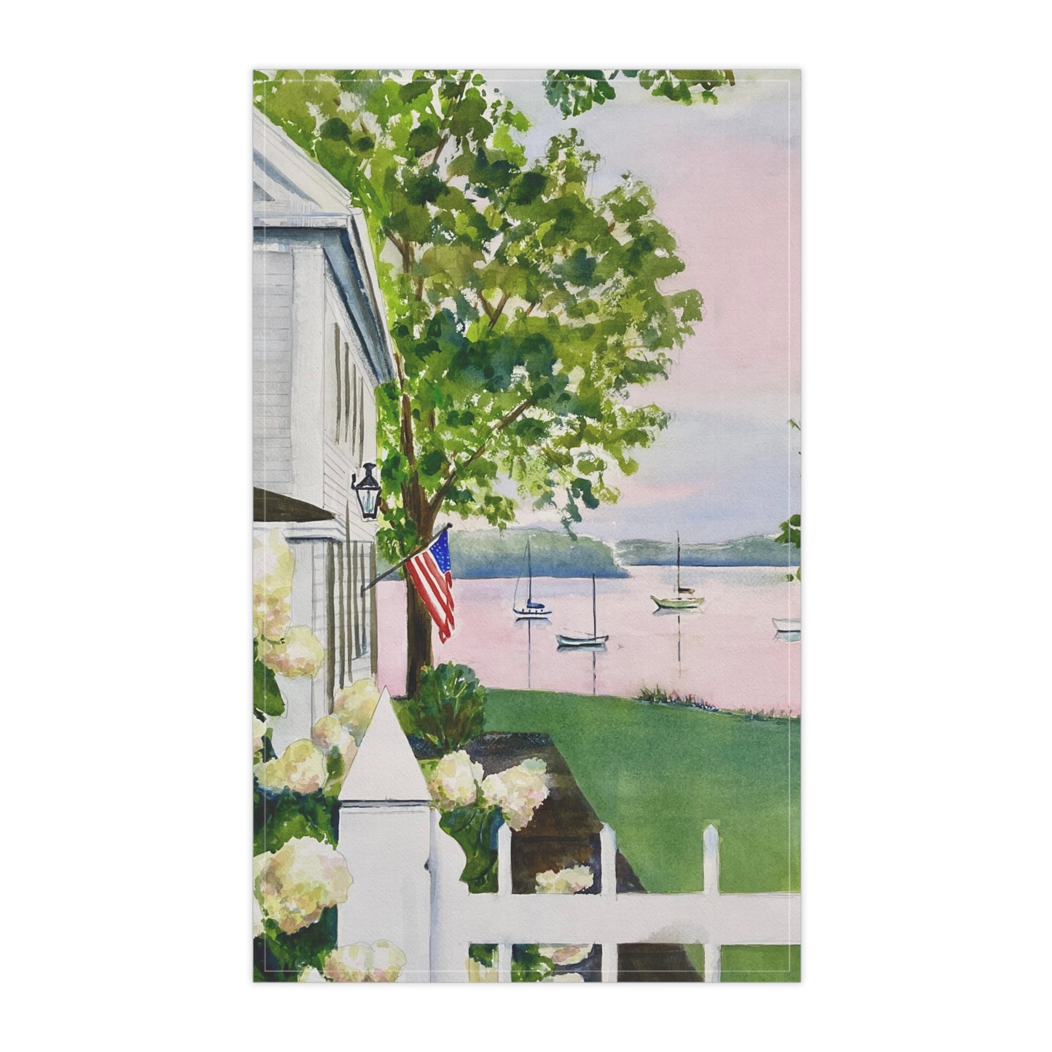 Coastal New England Hydrangea Tea Towel - American Flag Patriotic Kitchen Towel by Laura Trevey