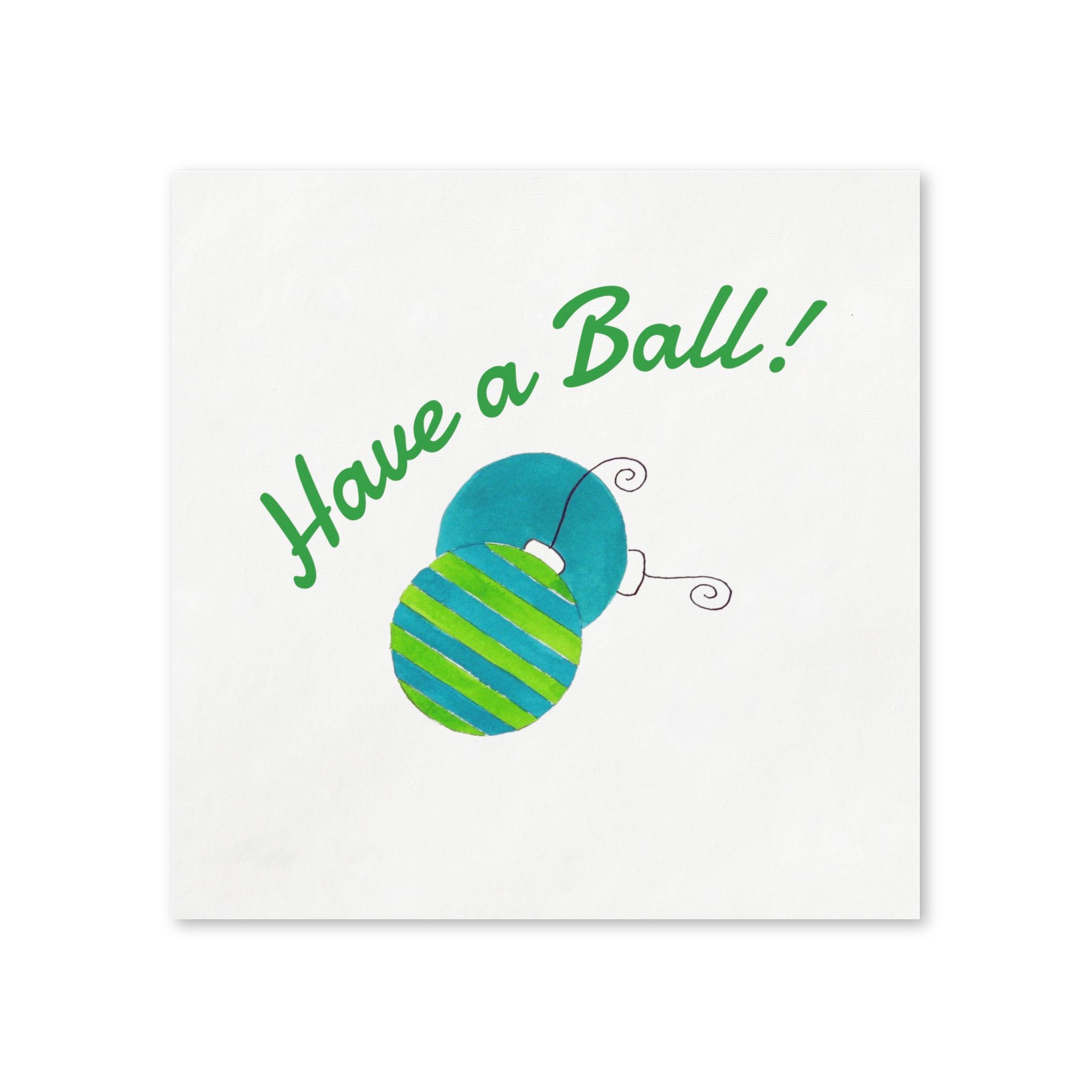Have a Ball paper napkin flat lay, teal and lime green striped watercolor ornaments by Laura Trevey