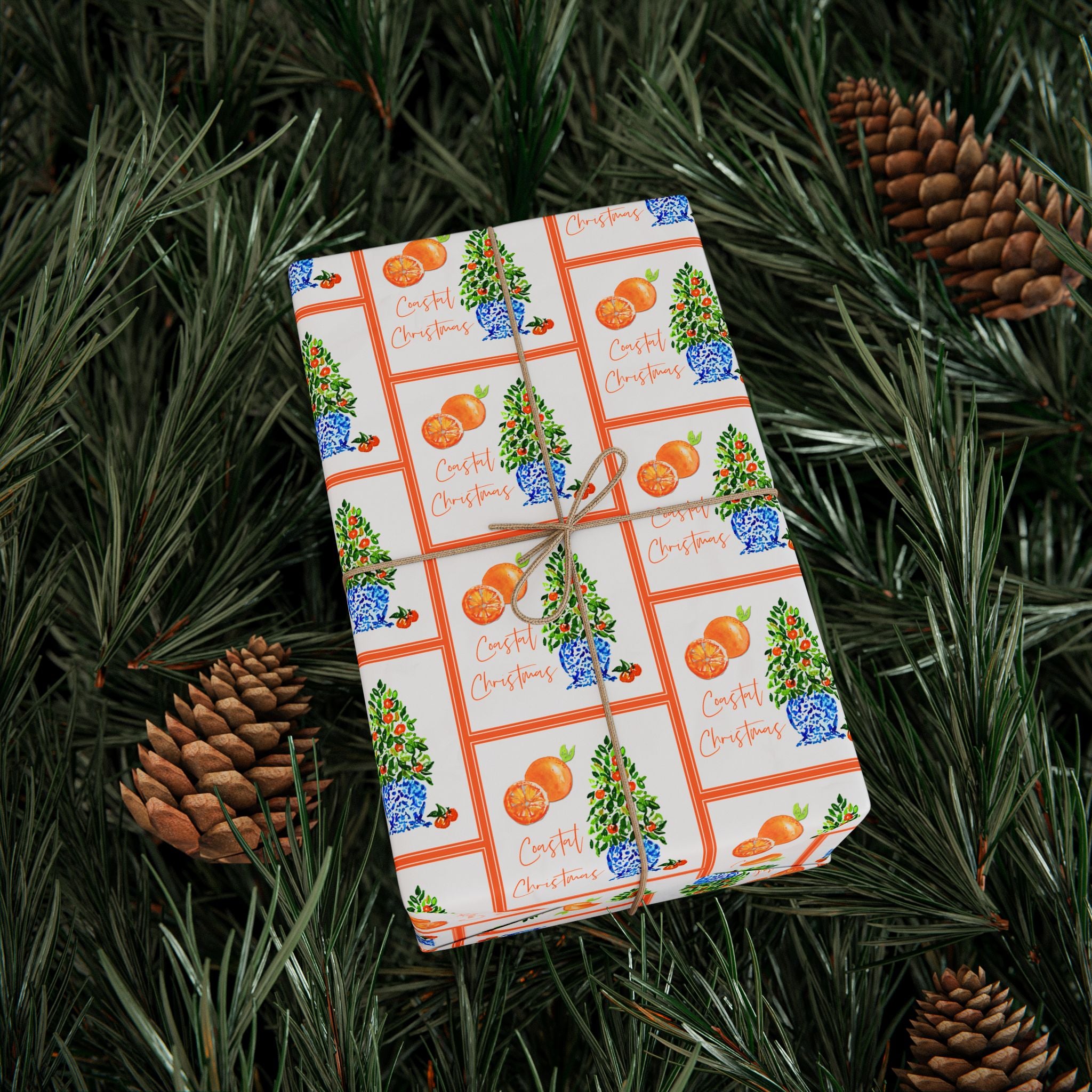Citrus orange tree wrapping paper with watercolor orange trees in blue and white chinoiserie pots and Coastal Christmas script by Laura Trevey, wrapped gift on evergreen branches with pinecones
