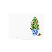 Orange tree Christmas topiary in blue and white chinoiserie pot Christmas card opened flat, front and back cover
