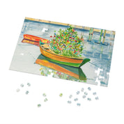 Christmas on Nantucket Jigsaw Puzzle by Laura Trevey, watercolor jigsaw puzzle partly assembled with loose pieces