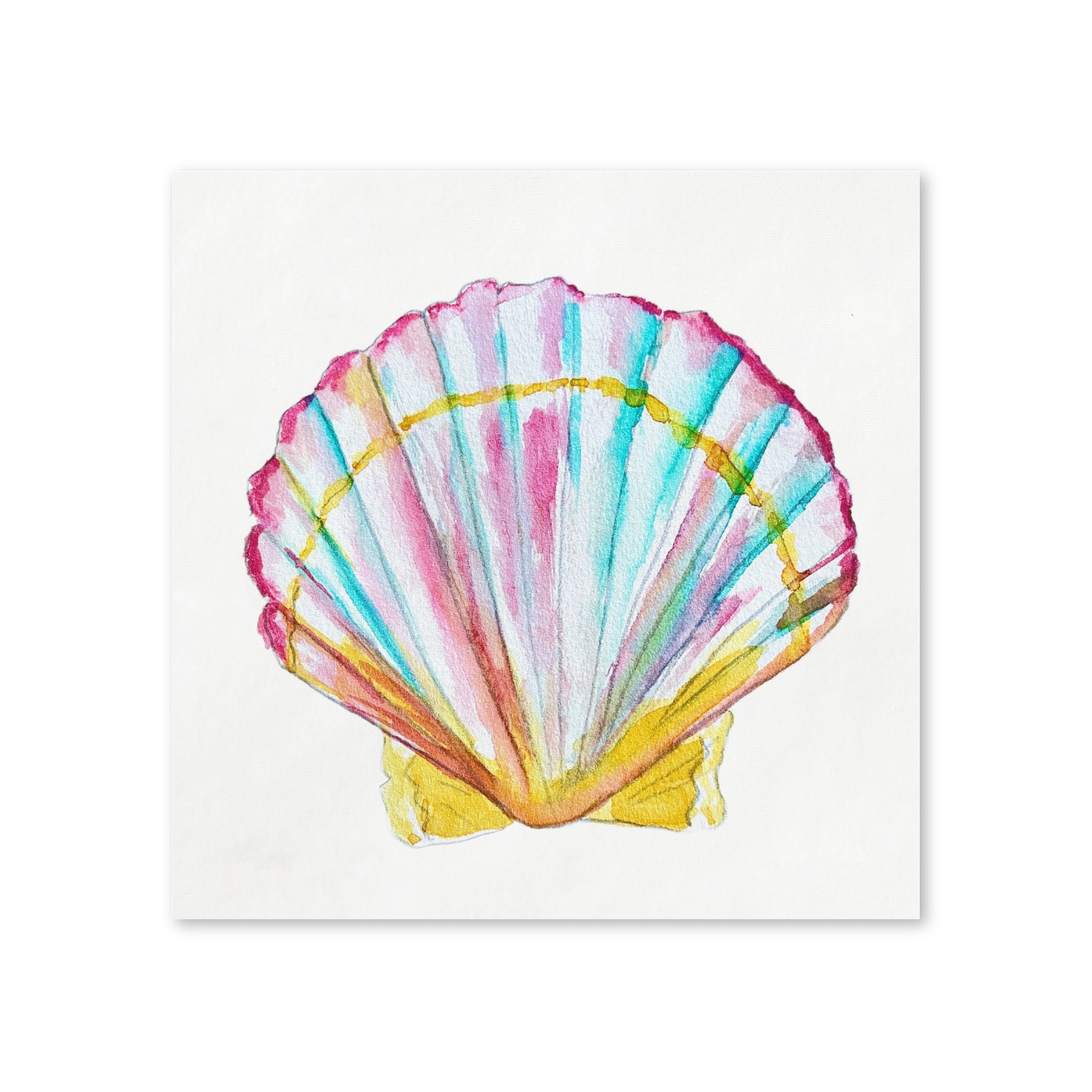 Coastal scallop shell paper napkin flat lay, pink turquoise and gold watercolor by Laura Trevey