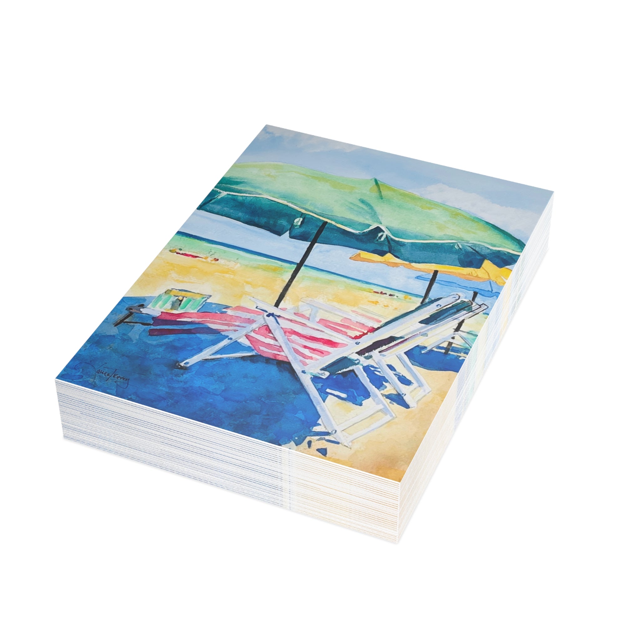 Beach Days watercolor greeting card, stack of folded cards