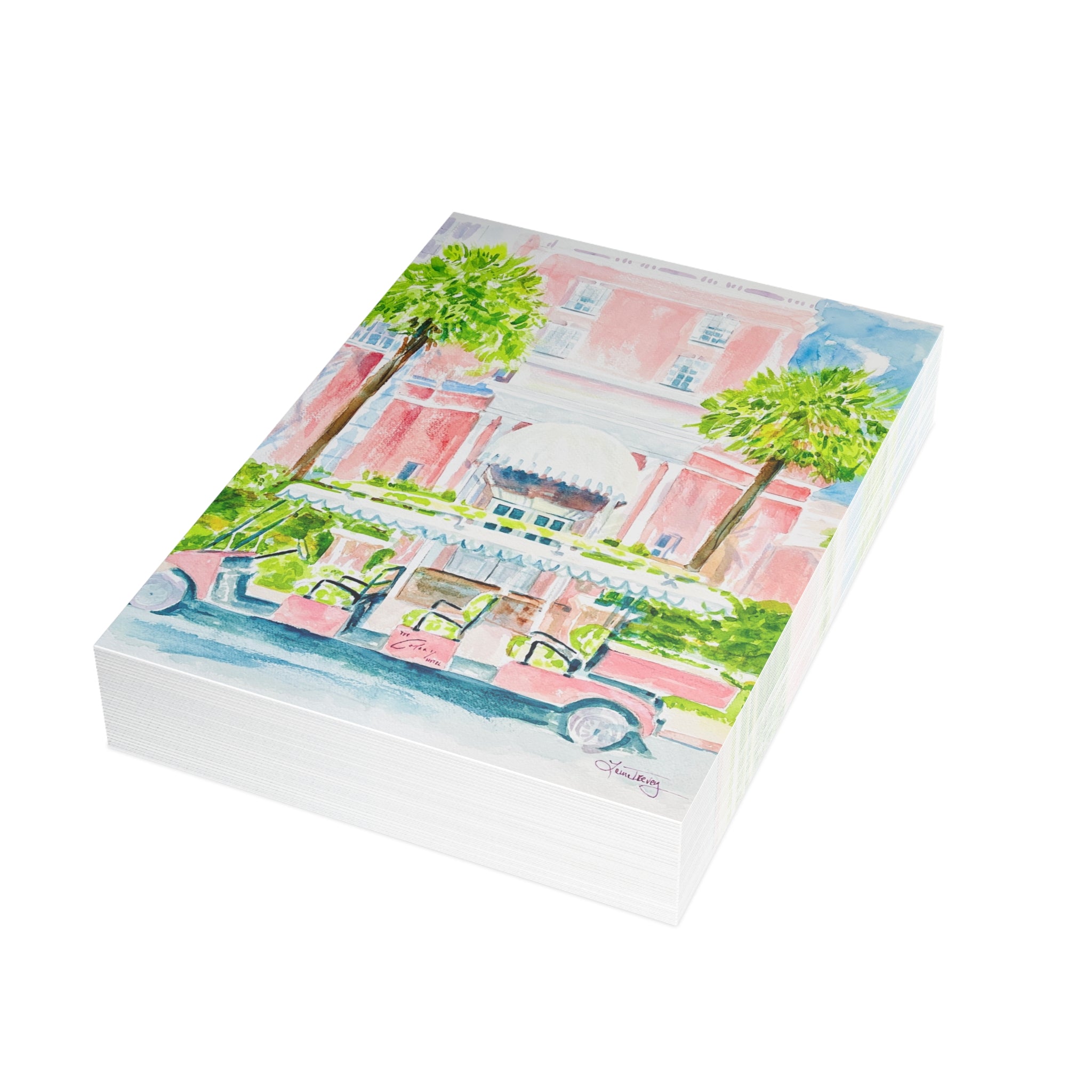 The Colony Hotel watercolor greeting card, stack of folded cards, view 2