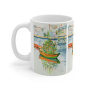 Christmas on Nantucket Mug by Laura Trevey, mug with the handle on the left, showing the watercolor wrapped around the side