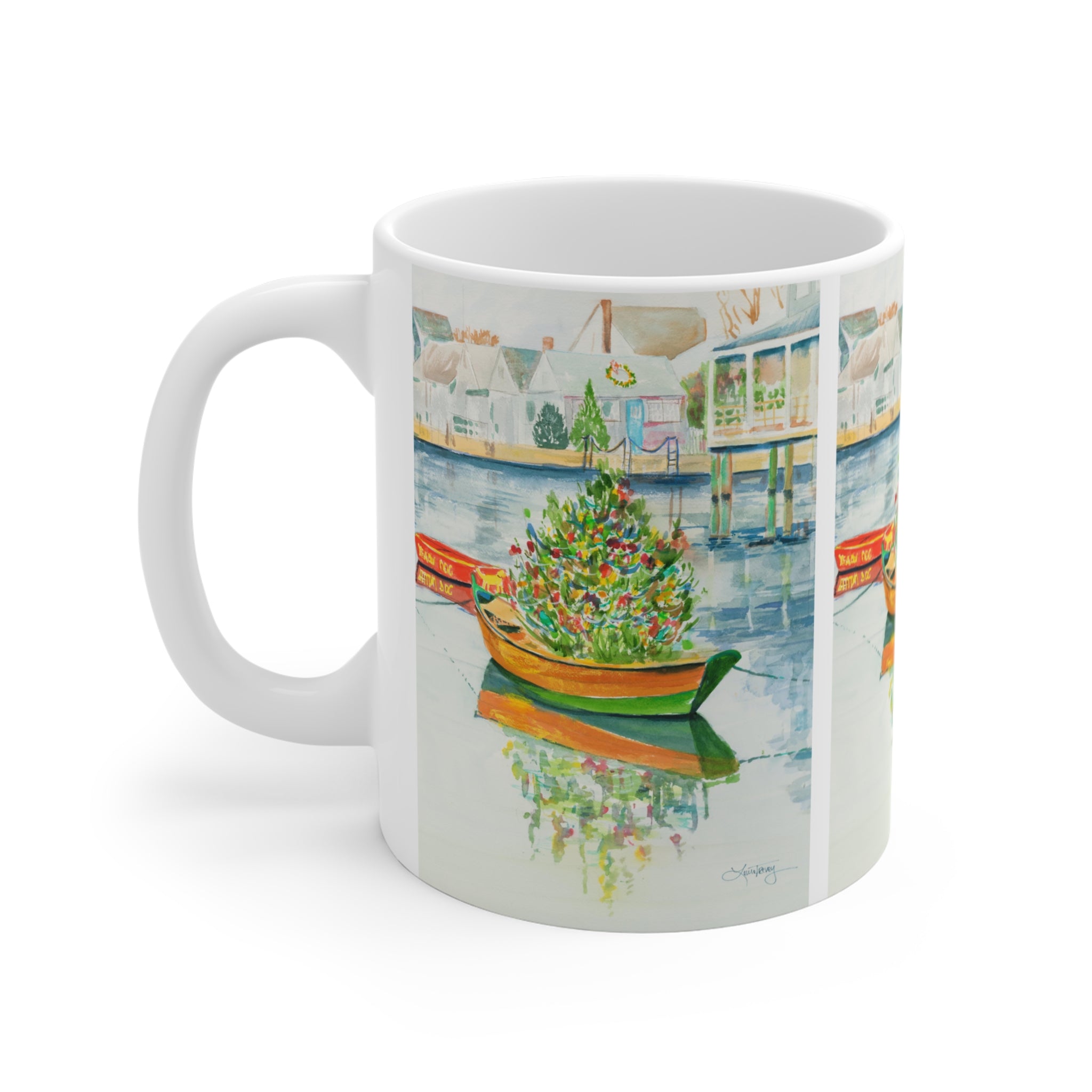 Christmas on Nantucket Mug by Laura Trevey, mug with the handle on the left, showing the watercolor wrapped around the side