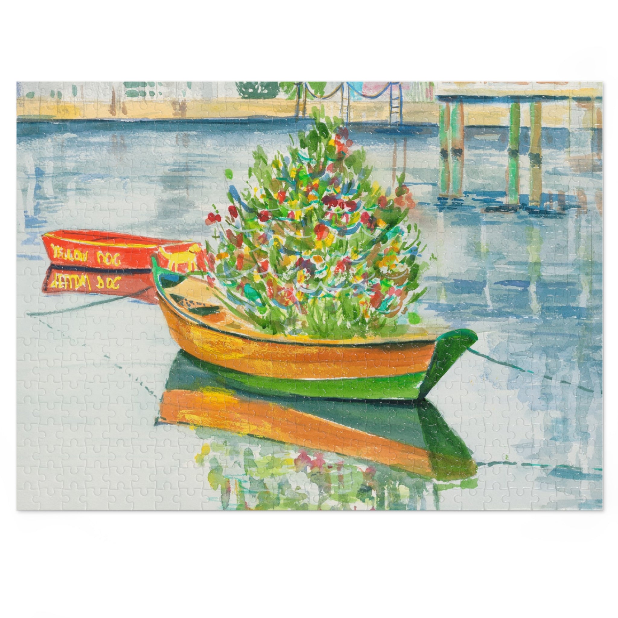 Christmas on Nantucket Jigsaw Puzzle by Laura Trevey, 500 piece watercolor jigsaw puzzle (21" x 15.5") with gift tin