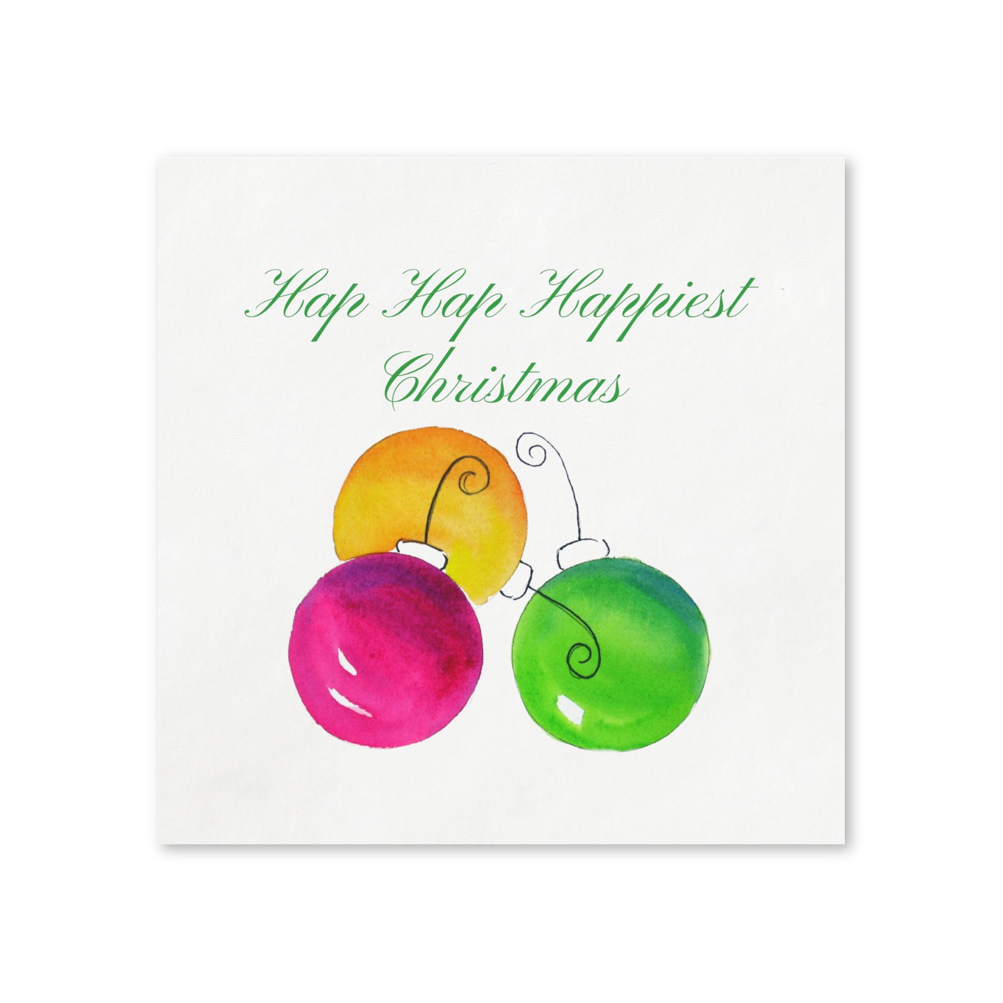Hap Hap Happiest Christmas paper napkins flat lay, watercolor ornaments by Laura Trevey