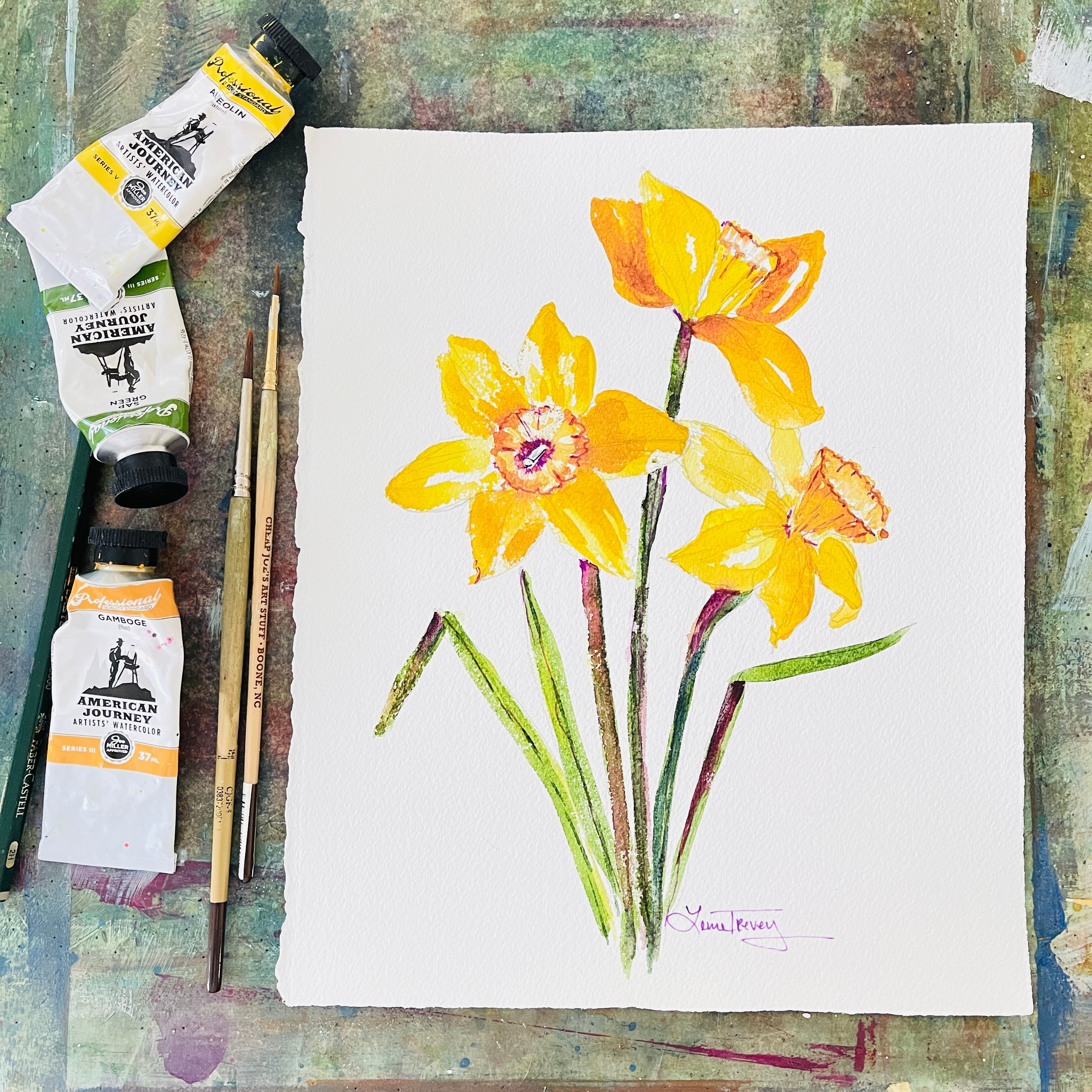 8x10 Spring Daffodils Botanical Watercolor Original Painting by Laura Trevey (view 2)