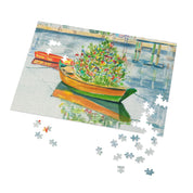 Christmas on Nantucket Jigsaw Puzzle by Laura Trevey, watercolor jigsaw puzzle pieces coming together