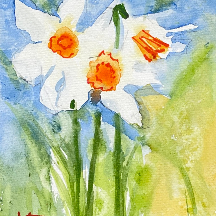 5x7 Sunny Daffodils- Original Watercolor Painting by Laura Trevey