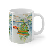 Christmas on Nantucket Mug by Laura Trevey, mug with the handle on the right, showing the watercolor wrapped around the side