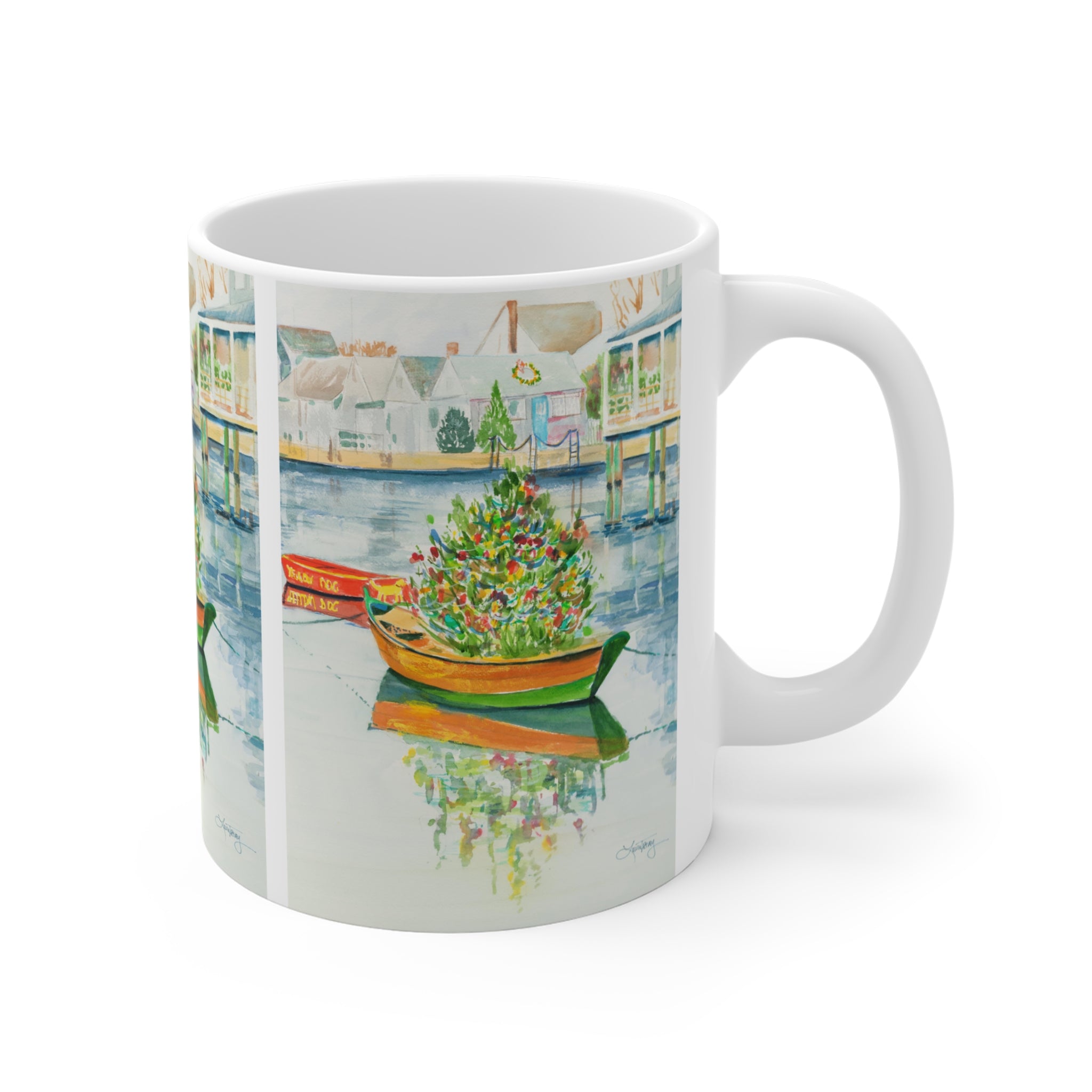 Christmas on Nantucket Mug by Laura Trevey, mug with the handle on the right, showing the watercolor wrapped around the side