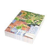 Backyard Oasis watercolor greeting card, stack of folded cards, view 1