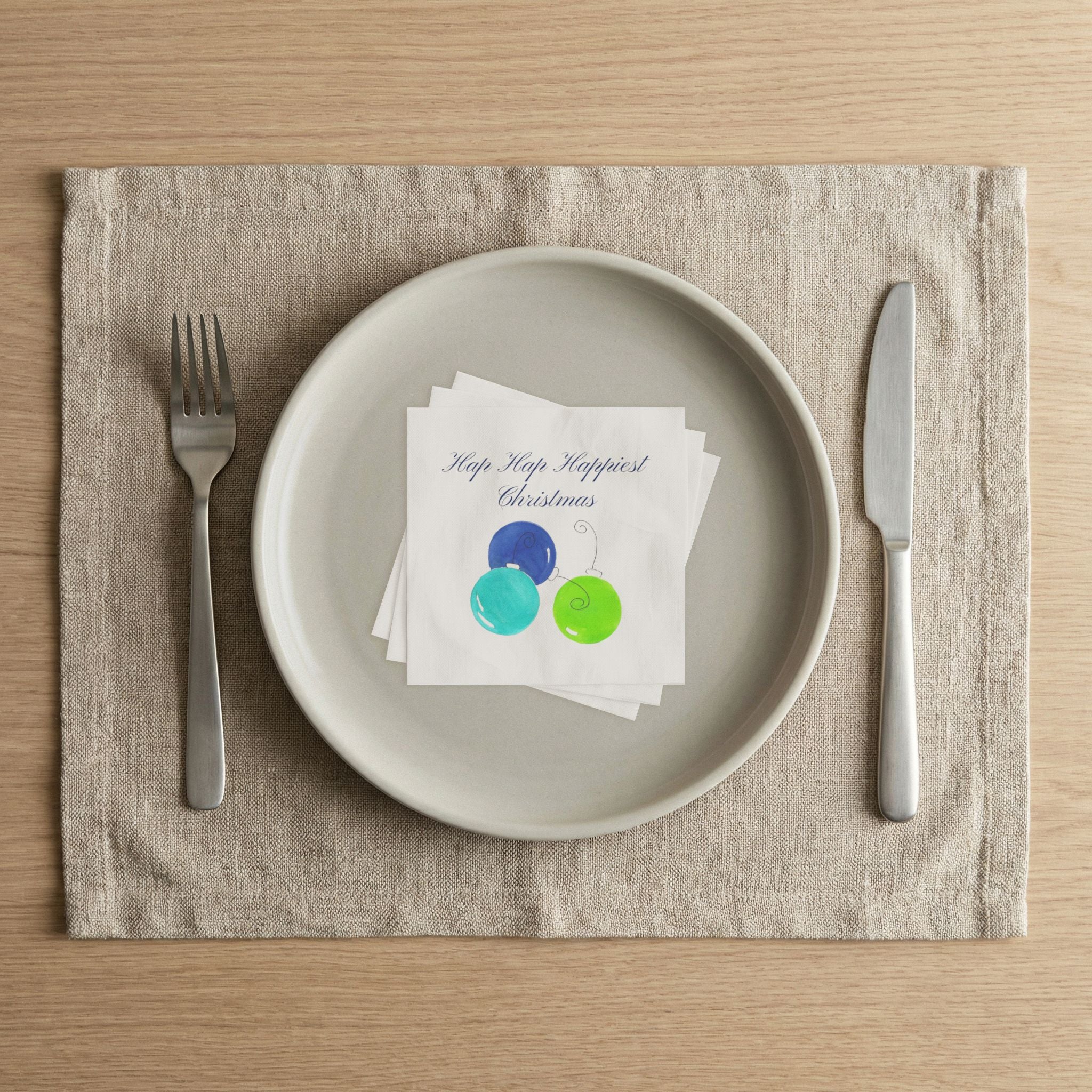 Hap Hap Happiest Christmas paper napkins with blue, turquoise and lime watercolor ornaments