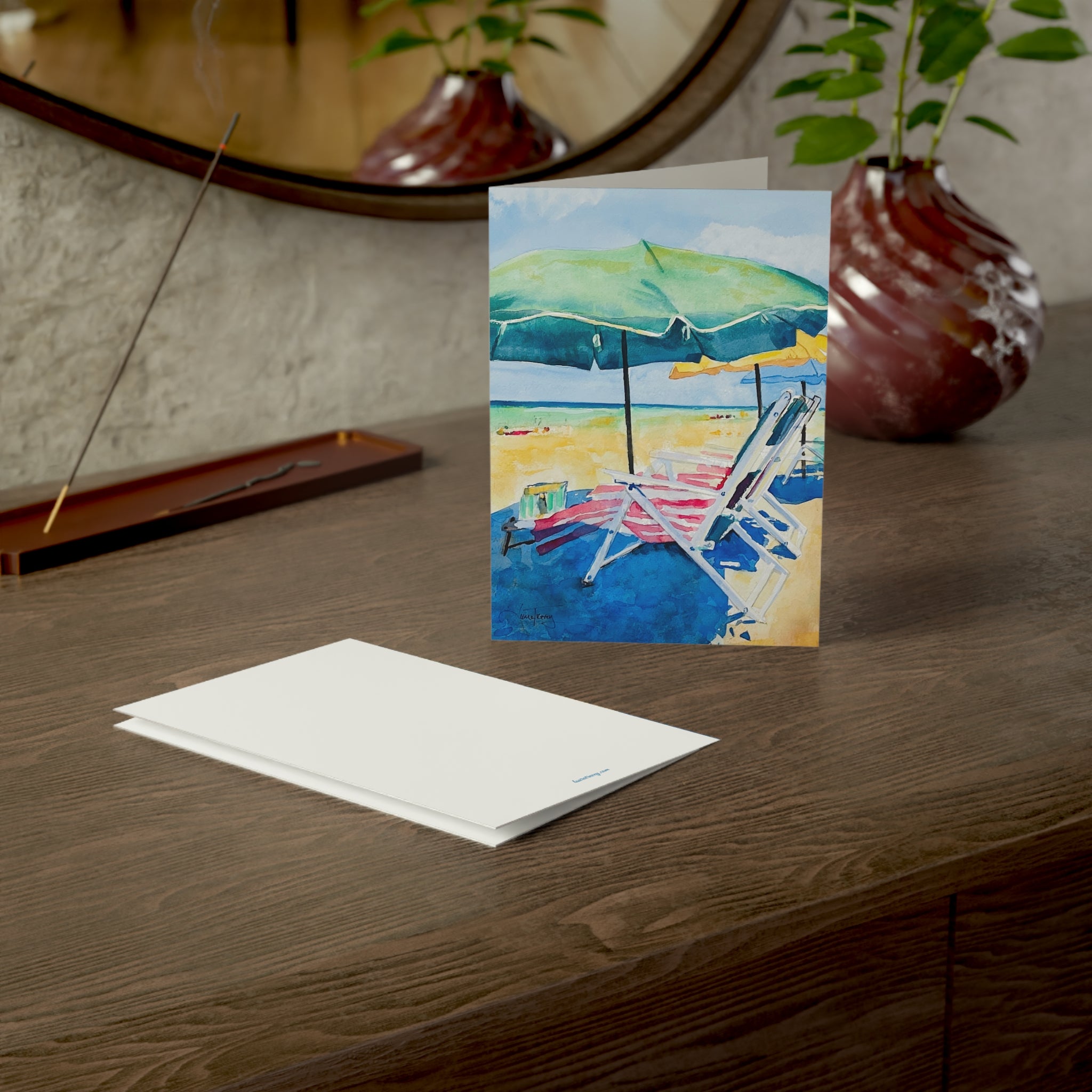 Beach Days watercolor greeting card, on a wooden dresser with envelope