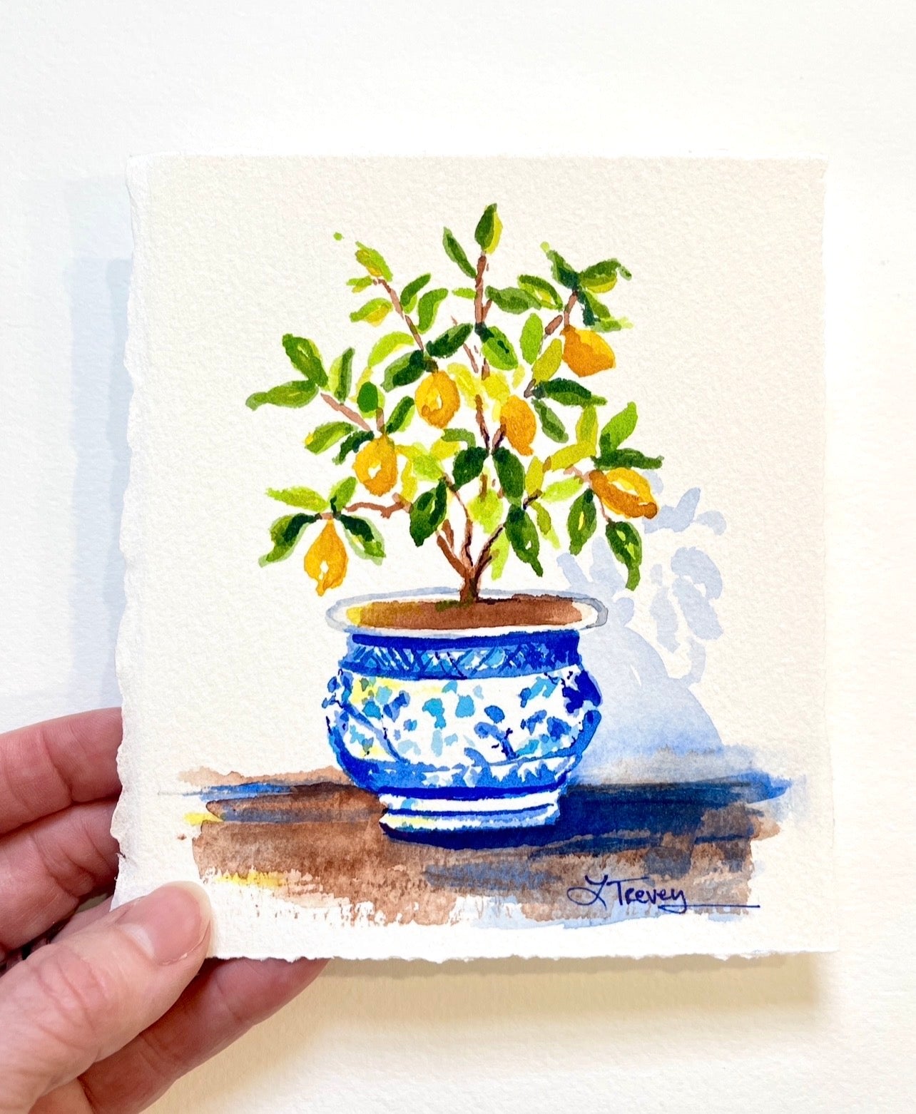5x6 Sunny Lemon Tree in Chinoiserie Planter - Original Watercolor Painting by Laura Trevey (view 3)