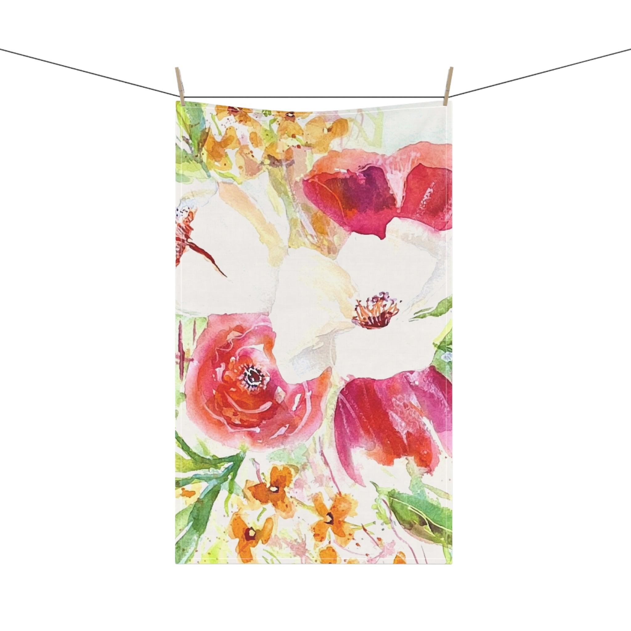 Floral Watercolor Tea Towel - Bright Garden Blooms Kitchen Towel by Laura Trevey